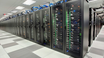 Supercomputer server room containing racks of processors