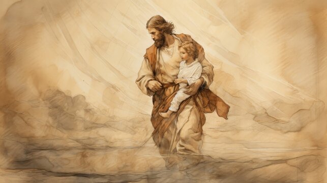 The painting of St. Christopher Carrying Christ Child Across River, Biblical Illustration, Beige Background, Copyspace,Christian banner