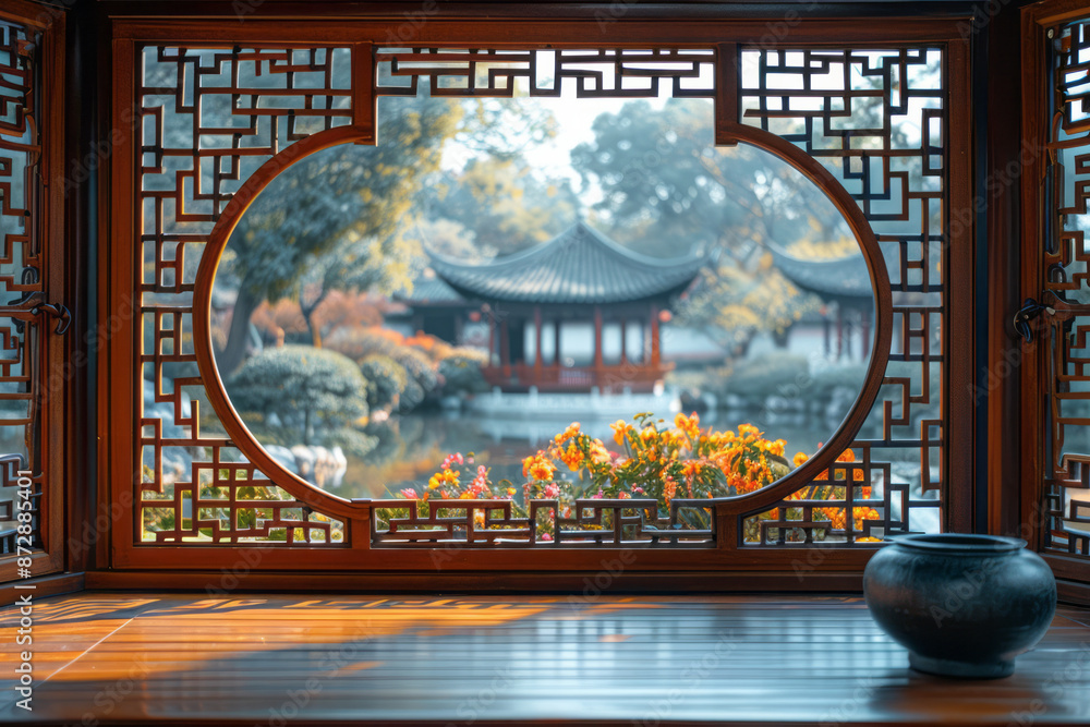 Poster macro image of intricate lattice windows in a chinese garden pavilion, with a backdrop of peaceful c