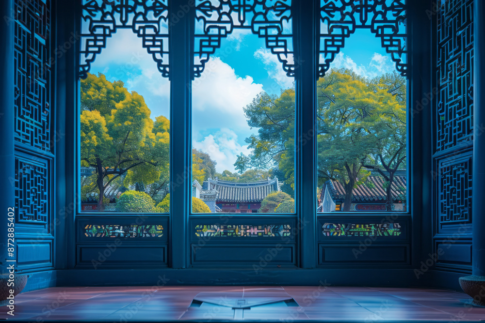 Poster macro image of intricate lattice windows in a chinese garden pavilion, with a backdrop of peaceful c