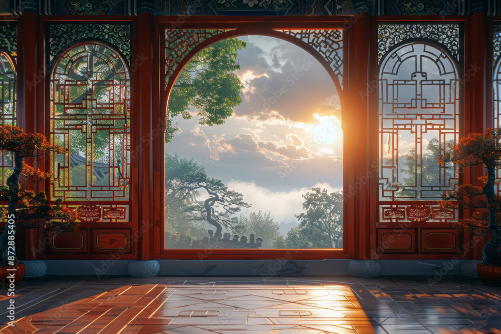 Poster macro image of intricate lattice windows in a chinese garden pavilion, with a backdrop of peaceful c