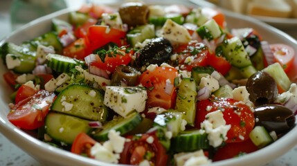 A refreshing Greek salad with tomatoes, cucumbers, olives, feta cheese, and olive oil dressing