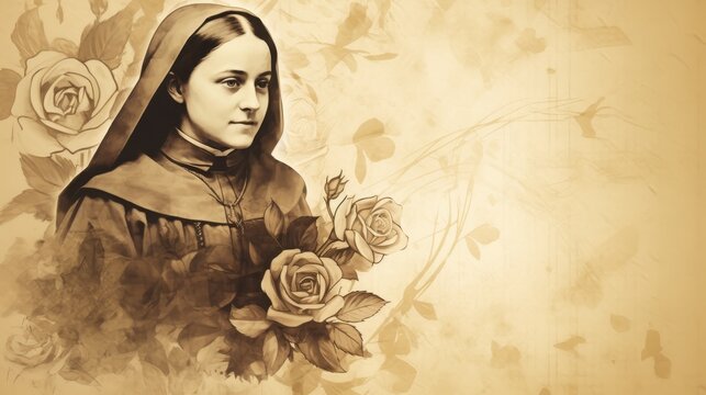 The painting of St. Therese of Lisieux Holding Bouquet of Roses, Carmelite Convent, Biblical Illustration, Beige Background, Copyspace,Christian banner