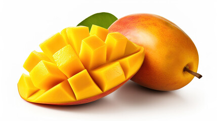 Mango on white background. Ripe juicy mango with slices.