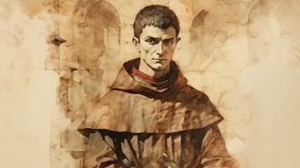 Fototapeta premium The painting of St. Lawrence of Rome in Martyrdom, Ancient Rome, Biblical Illustration, Beige Background, Copyspace,Christian banner