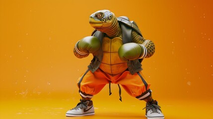 Fierce Anthropomorphic Turtle in Boxing Gear on Vibrant Orange Background
