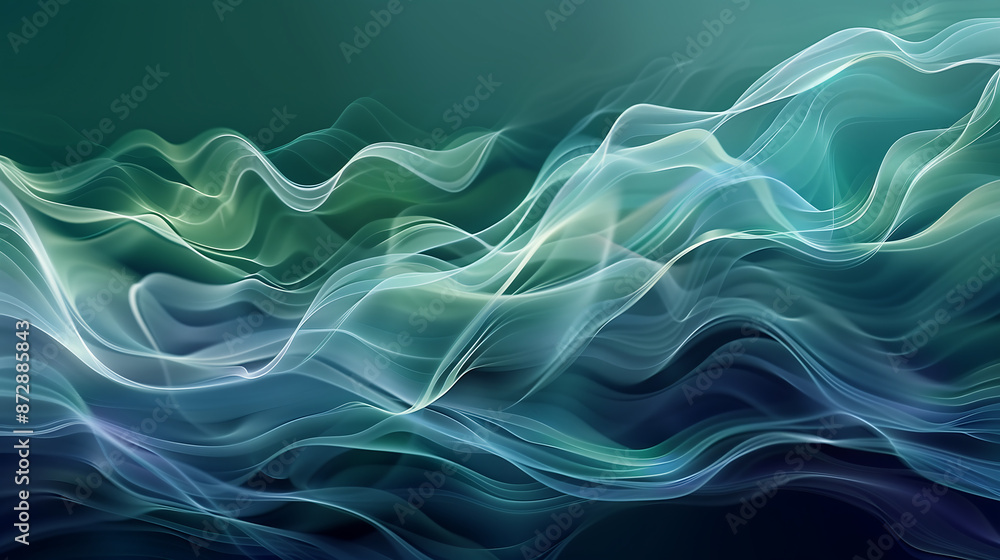 Poster abstract background with waves of light in blue and green colors digital art soft lines and shapes, 