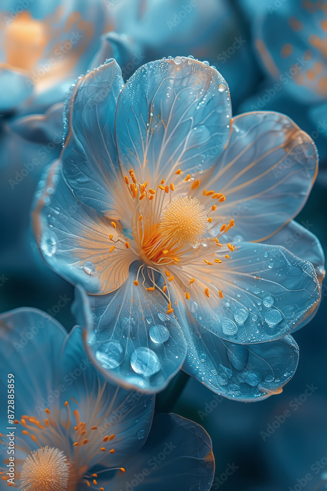 Poster macro view of delicate watercolor petals in yellow and blue, splashing across the canvas with clear 