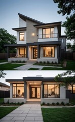 Fototapeta premium A Contemporary Dwelling with Stylish Architecture, Beautiful Exterior Design, and a Serene Garden Setting. Perfect Family Home in a Residential Neighborhood, Featuring Thoughtful Construction