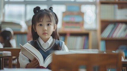 Hallyu Schoolgirl Sitting at Desk Reading Big Book in Bright Classroom