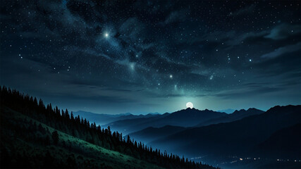 Stars in the sky, in the style of digital painting, tender depiction of nature, dark sky-blue and black, soft, romantic scenes, romanticized landscapes, serene atmospheric perspective, fine detailed