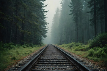 Fototapeta premium Railway tracks going deep into misty forest. Magic AI generated landscape. Digital illustration. CG Artwork Background