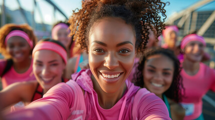 Black woman taking a selfie with a group of friends while running in a race for cancer awareness