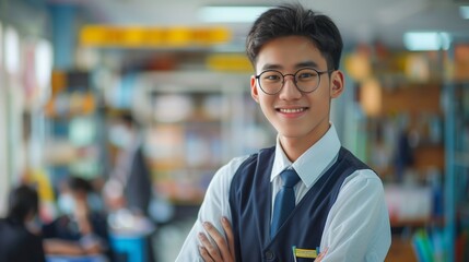 Naklejka premium Handsome Asian male high school student wearing a uniform smiling and standing with his arms crossed in the classroom,