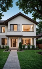 Fototapeta premium A Contemporary Dwelling with Stylish Architecture, Beautiful Exterior Design, and a Serene Garden Setting. Perfect Family Home in a Residential Neighborhood, Featuring Thoughtful Construction