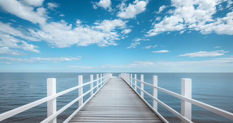 A wooden pier extending into the ocean, white railings on both sides leading to an un luminous blue sky with scattered clouds. 