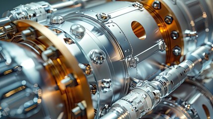 Close-up of Advanced Industrial Machinery with Shiny Metallic Components and Complex Engineering Design