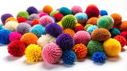 Vibrant colored pom poms in various sizes and shapes scattered randomly on a white background with slight shadows and depth.