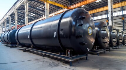 Naklejka premium Large Industrial Storage Tanks in a Modern Manufacturing Facility with Overhead Cranes and Metal Structures