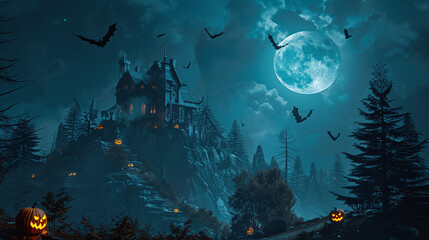 Obraz premium Halloween pumpkins near creepy trees with scary mansion and moonlight in the background