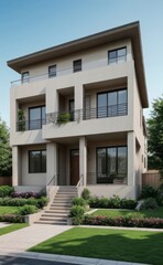 A Contemporary Dwelling with Stylish Architecture, Beautiful Exterior Design, and a Serene Garden Setting. Perfect Family Home in a Residential Neighborhood, Featuring Thoughtful Construction