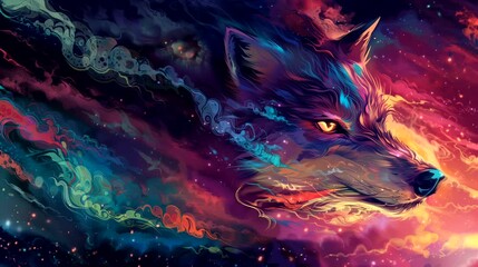 The wolf head with cosmic aura. Anime or digital painting style, looping 4k video animation background