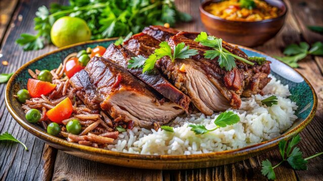 Savory, slow-roasted Pernil pork shoulder with crispy skin, served with flavorful Puerto Rican-style rice and steaming vegetables, ready to devour.