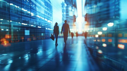 Abstract motion blur silhouette of professionals walking in modern office building with blurry lights and urban background, ideal for corporate marketing, business wallpaper, and professional trading 