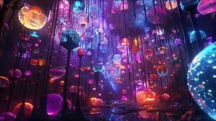 A surreal dreamscape of neon shapes floating against a backdrop of inky darkness, evoking a sense of wonder and enchantment.