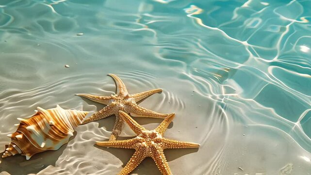 starfish and seashell on the summer beach in sea water