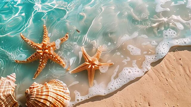 starfish and seashell on the summer beach in sea water