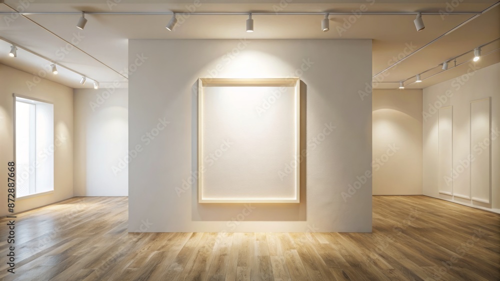 Aufkleber Empty white frame hanging on a cream colored wall in a modern art gallery with a subtle backlight effect.