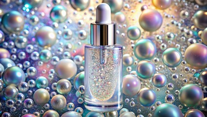Microscopic view of translucent facial serum with suspended air bubbles and iridescent sheen, showcasing its smooth, luxurious, and highly concentrated formula.