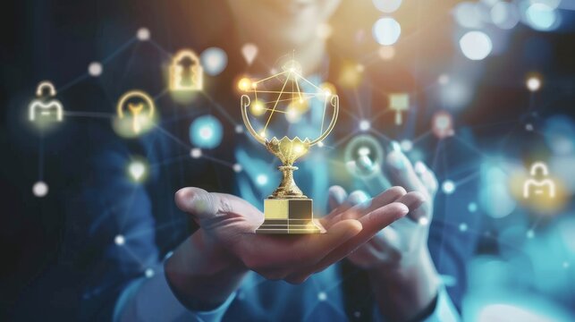 Achievement and business goal success concept - creative business professionals celebrating milestones with icon graphic interface, highlighting employee recognition and rewards for achieving business