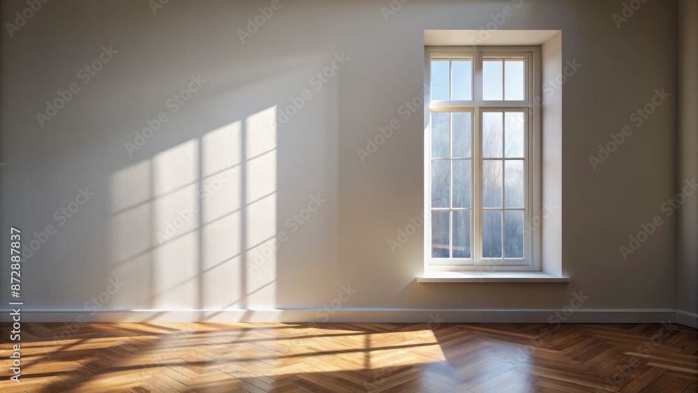 Poster minimalist 3d rendering of window shadow cast on a pristine white wall with smooth wooden floor and 