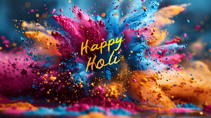 Holi gulal and the text "Happy Holi" in cursive, colored powder explosions everywhere in air, only colors, no people, canvas painting