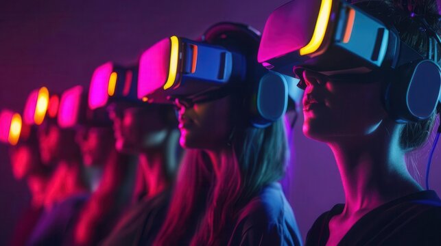 Immersive VR meetup, social interaction with digital friends, virtual gathering, advanced tone, Triadic Color Scheme, side view, innovative social engagement, copy space for text,