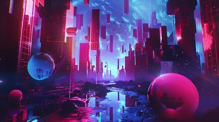 A surreal dreamscape of neon shapes floating against a backdrop of inky darkness, evoking a sense of wonder and enchantment.