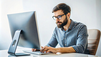 A professional man sits at his office desk working on a laptop