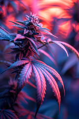 Macro shot of marijuana plants showing their vibrant colors, with the soft light of dawn creating a serene atmosphere,