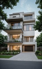 Fototapeta premium A Contemporary Dwelling with Stylish Architecture, Beautiful Exterior Design, and a Serene Garden Setting. Perfect Family Home in a Residential Neighborhood, Featuring Thoughtful Construction