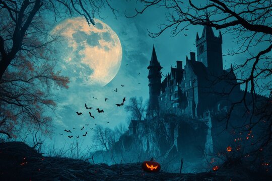 A haunting Halloween scene with a castle silhouetted against the night sky. Holiday event Halloween banner background concept, AI generated