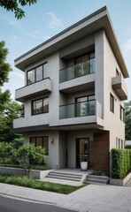 Fototapeta premium A Contemporary Dwelling with Stylish Architecture, Beautiful Exterior Design, and a Serene Garden Setting. Perfect Family Home in a Residential Neighborhood, Featuring Thoughtful Construction
