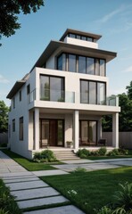 A Contemporary Dwelling with Stylish Architecture, Beautiful Exterior Design, and a Serene Garden Setting. Perfect Family Home in a Residential Neighborhood, Featuring Thoughtful Construction