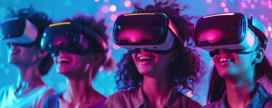 Virtual socializing in VR, digital friends meetup, interactive social interaction, futuristic tone, vivid colors, top view, immersive social platform, copy space for text,