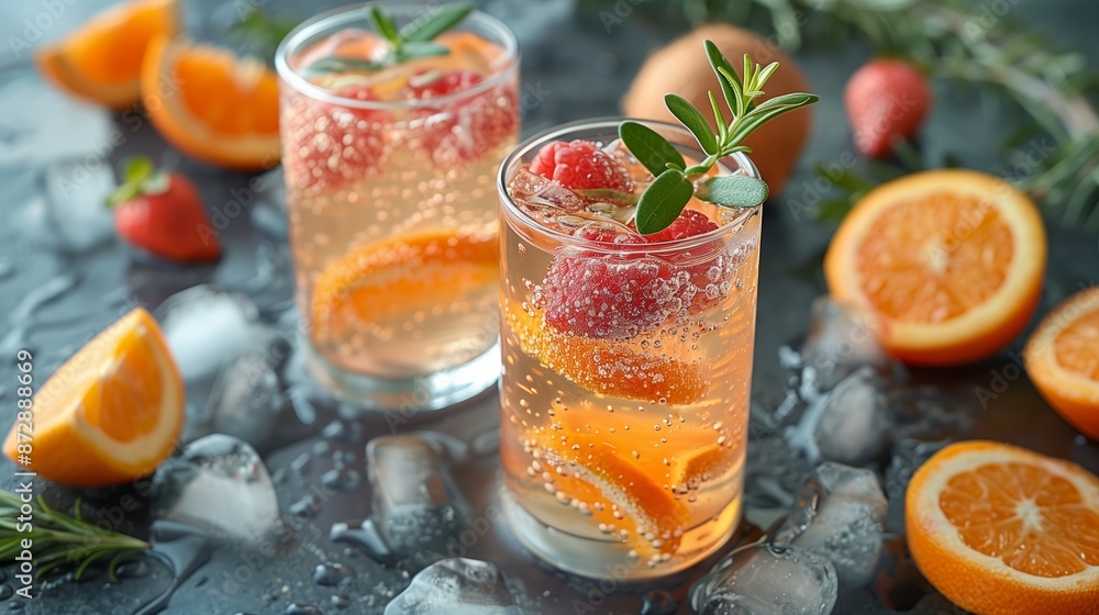 Poster two glasses of sparkling orange and raspberry drinks with ice and citrus slices