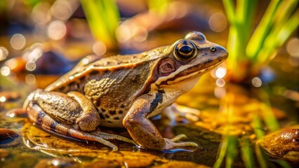 Obraz premium A small brown frog blended into brown ground rests in warm sunlight near serene pond water in natural wilderness surroundings.