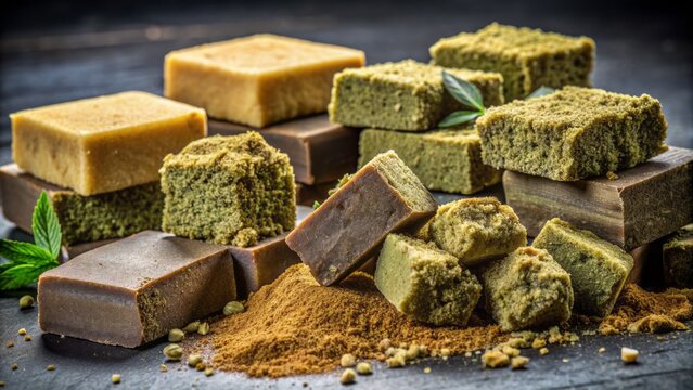 Assorted varieties of hashish, including kief, bubble hash, and press blocks, displayed on a dark background with macro photography.