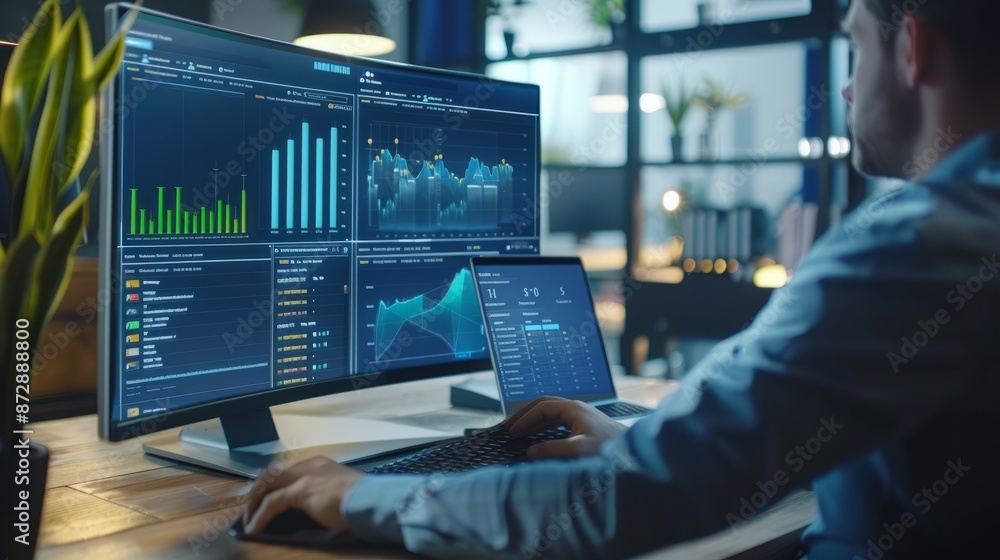 Poster business analyst using computer dashboard for data analysis and management system with kpi metrics, 