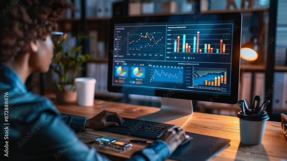 Poster business analyst using computer dashboard for data analysis and management system with kpi metrics, 